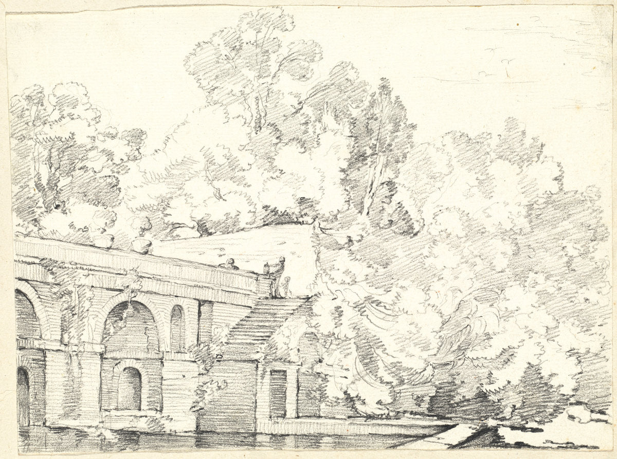 The Fishpond at Villa Madama by Joseph-Marie Vien (French, 1716 - 1809), 16X12"(A3)Poster Print