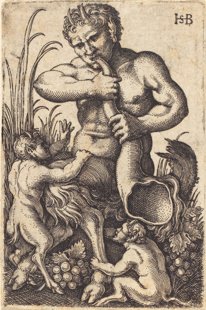 Satyr Blowing a Horn by Sebald Beham (German, 1500 - 1550), 16X12"(A3)Poster Print