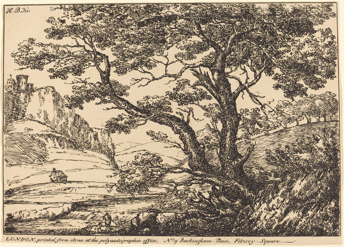 Landscape with Large Tree, Castle on Left by H.B. Ker (British, 1785 - 1871), 16X12"(A3)Poster Print