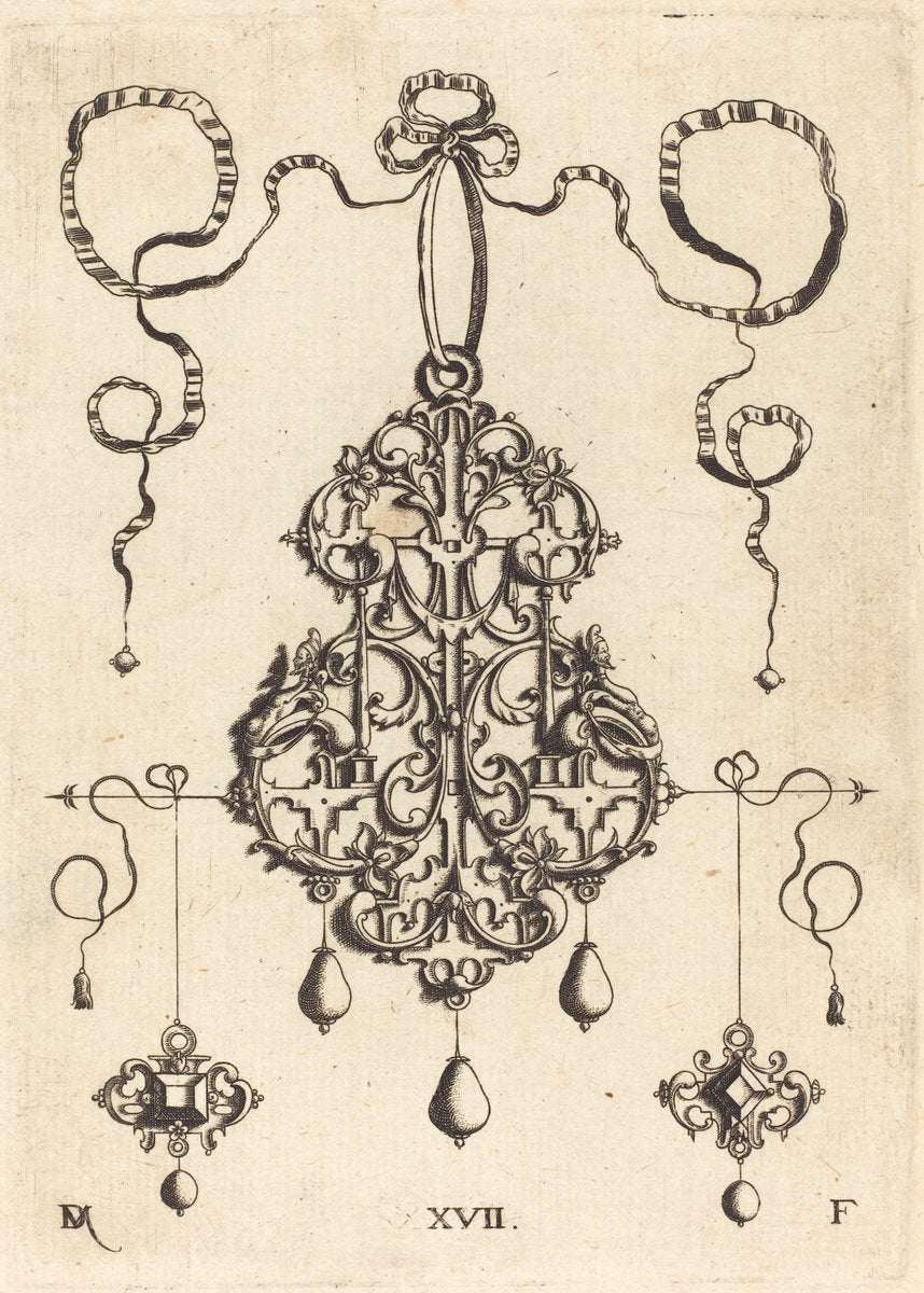 Strapwork Pendant with Two Square Tablestonesas Earrings at Left and Right by Daniel Mignot (German, active 1593/1596), 16X12"(A3)Poster Print