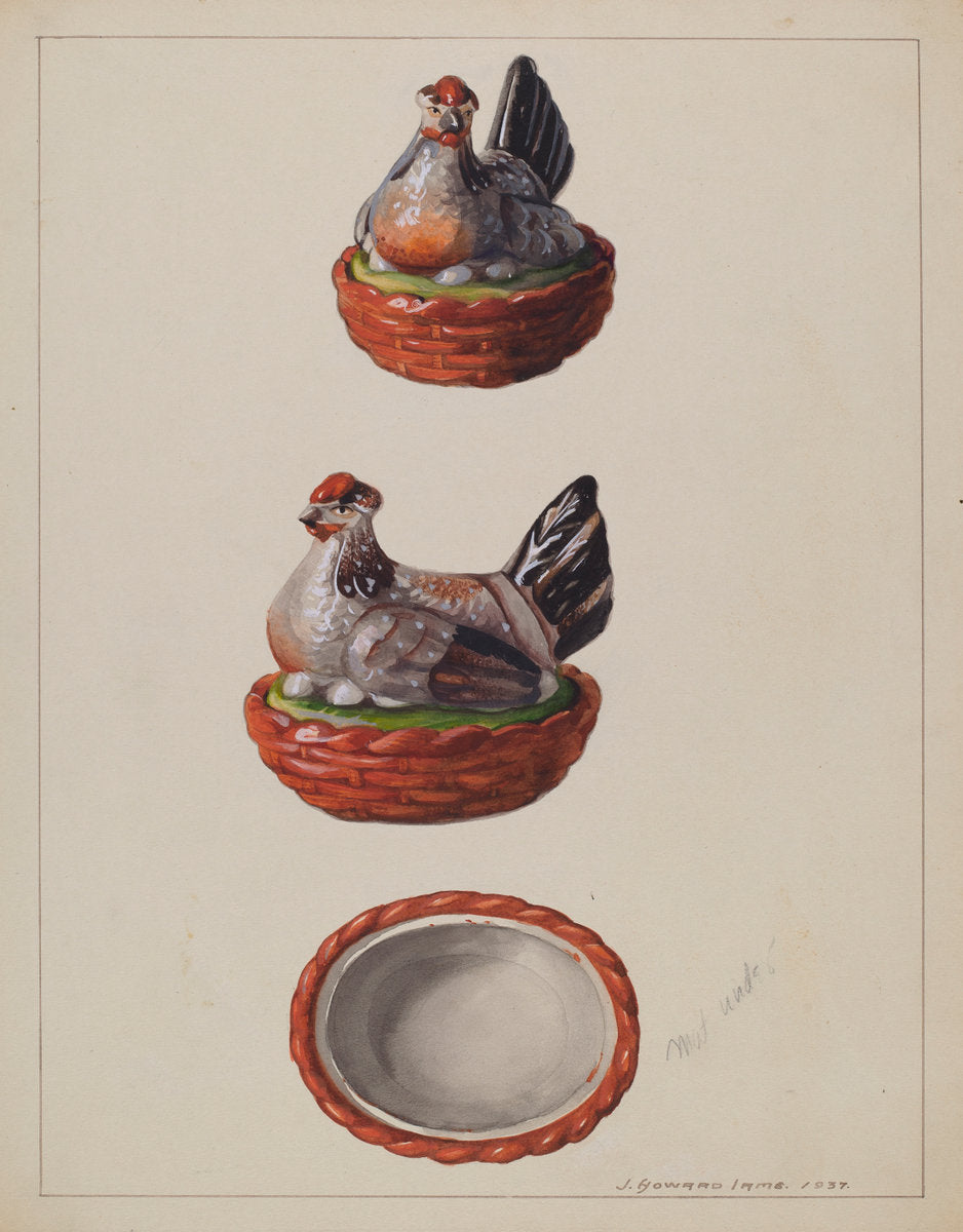 Hen on Basket by J. Howard Iams (American, active c. 1935), 16X12"(A3)Poster Print