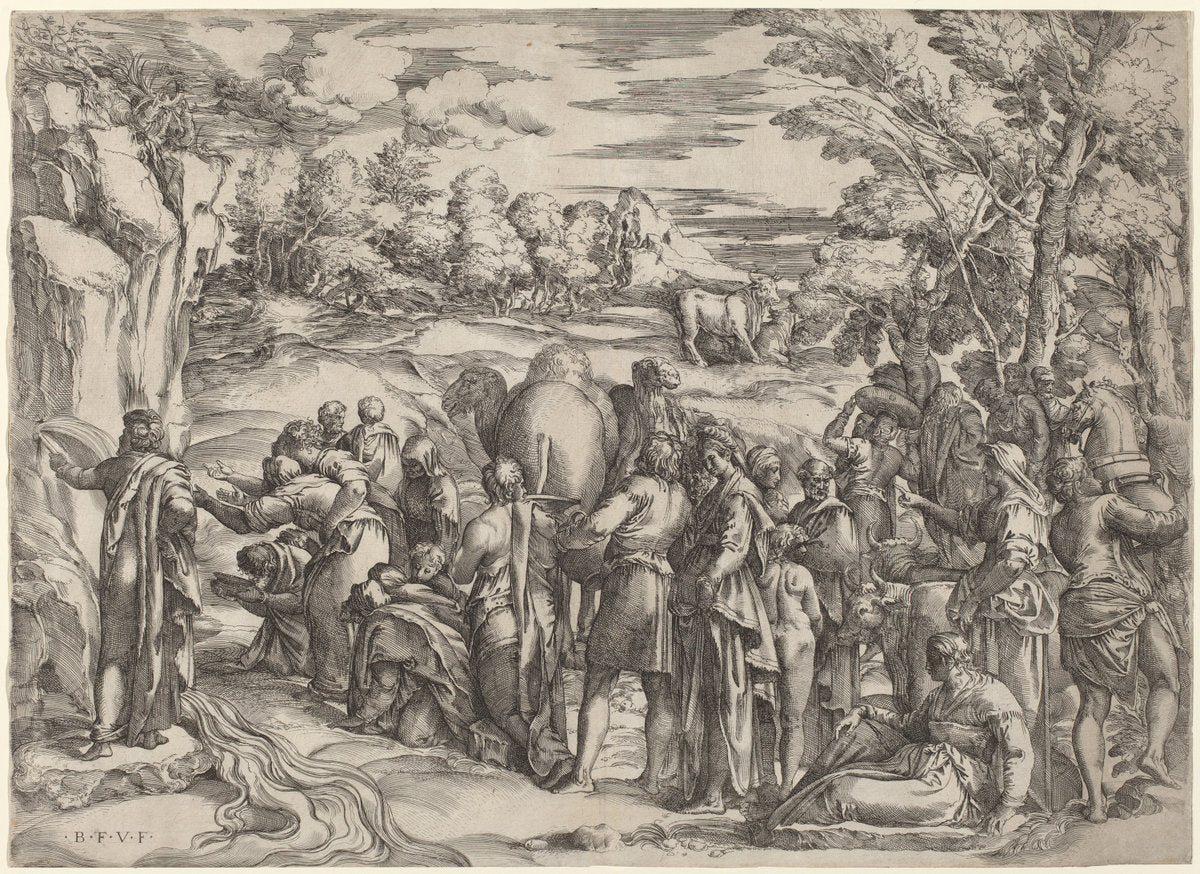 Moses Striking the Rock by Battista Franco (Italian, probably 1498 - 1561), 16X12"(A3)Poster Print