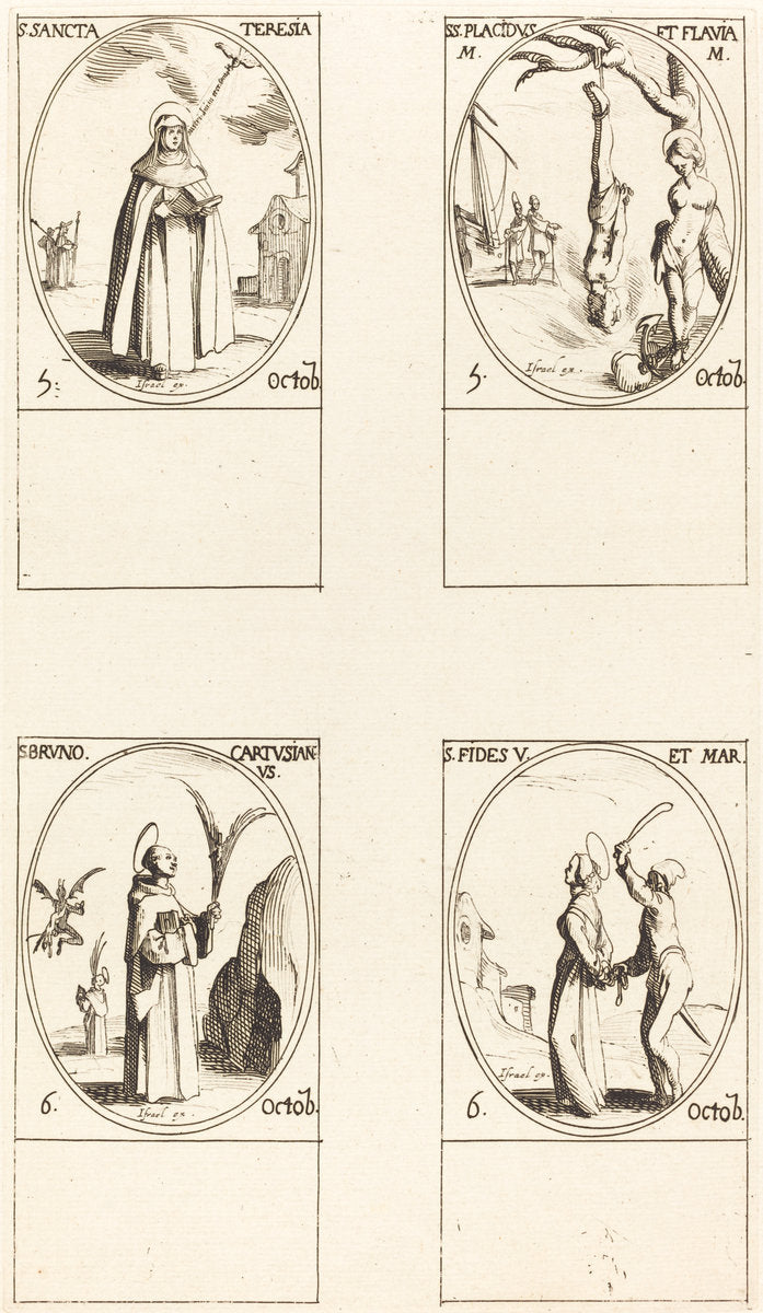 St. Theresa; St. Placidus and Flavia; St. Bruno; St. Faith by Jacques Callot (French, 1592 - 1635), 16X12"(A3)Poster Print