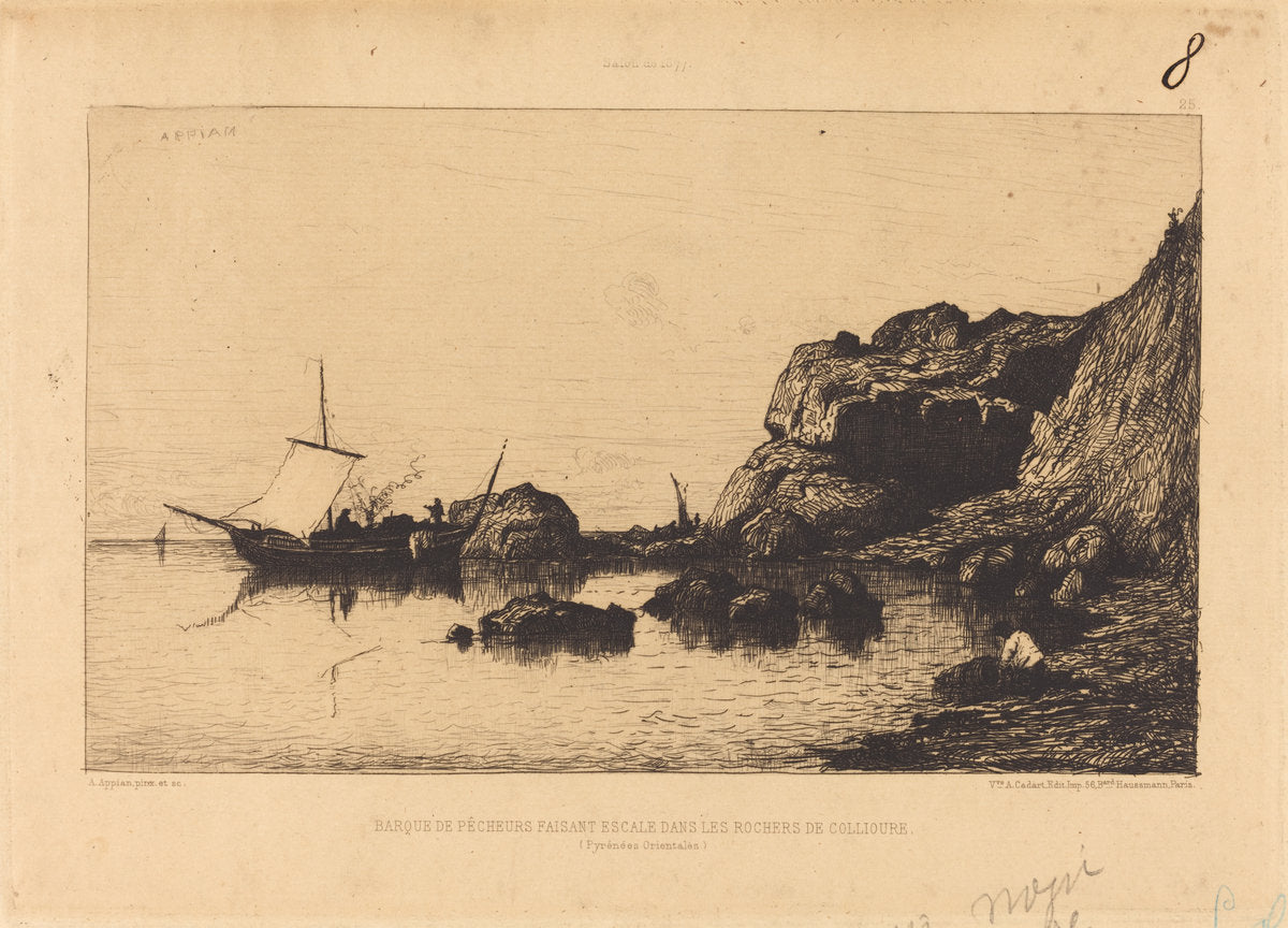 Barque de pecheurs faisant escale dans les rochers de Collioure by Adolphe Appian (French, 1818 - 1898), 16X12"(A3)Poster Print