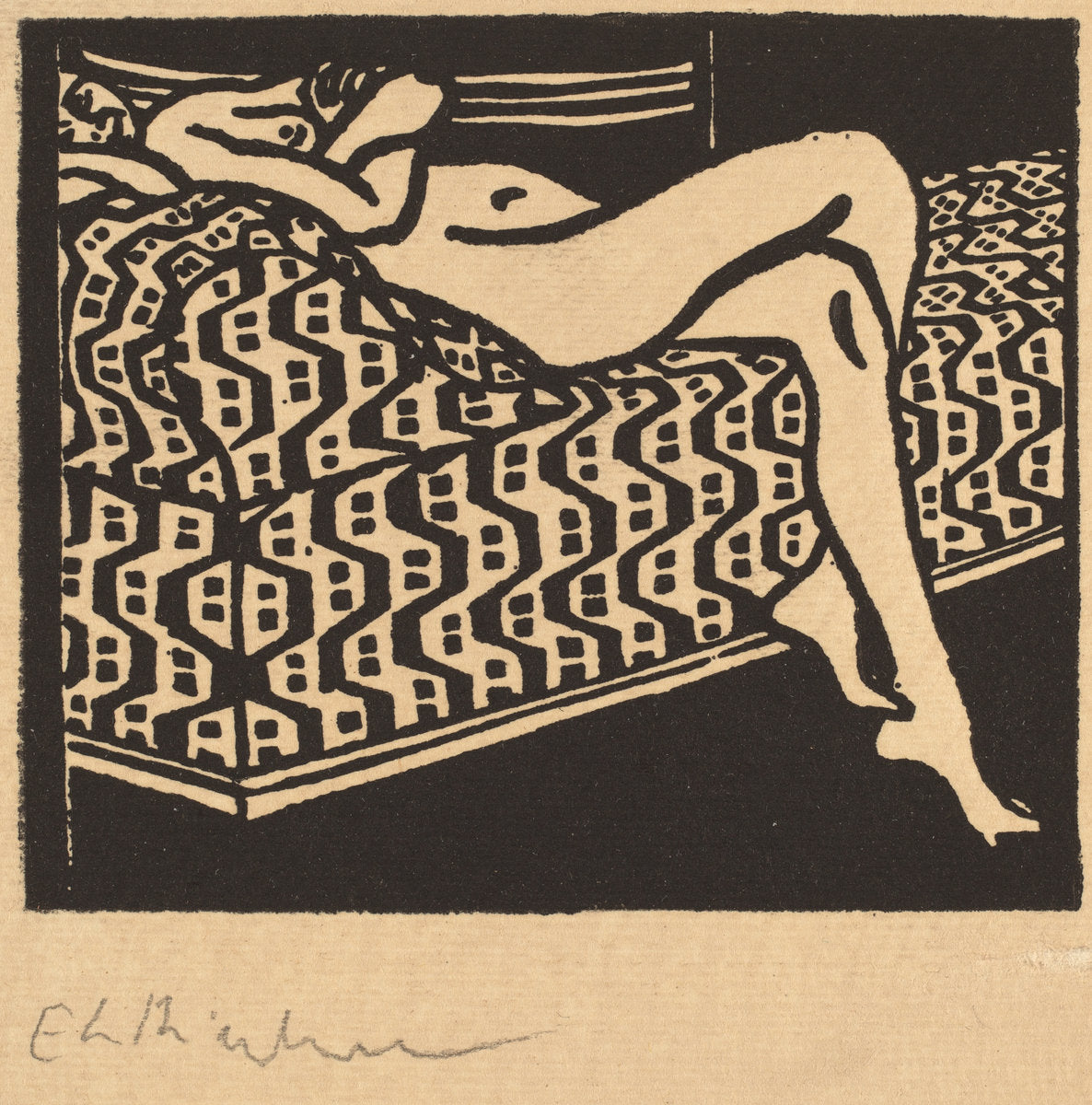 Nude Girl Lying on a Sofa by Ernst Ludwig Kirchner (German, 1880 - 1938), 16X12"(A3)Poster Print