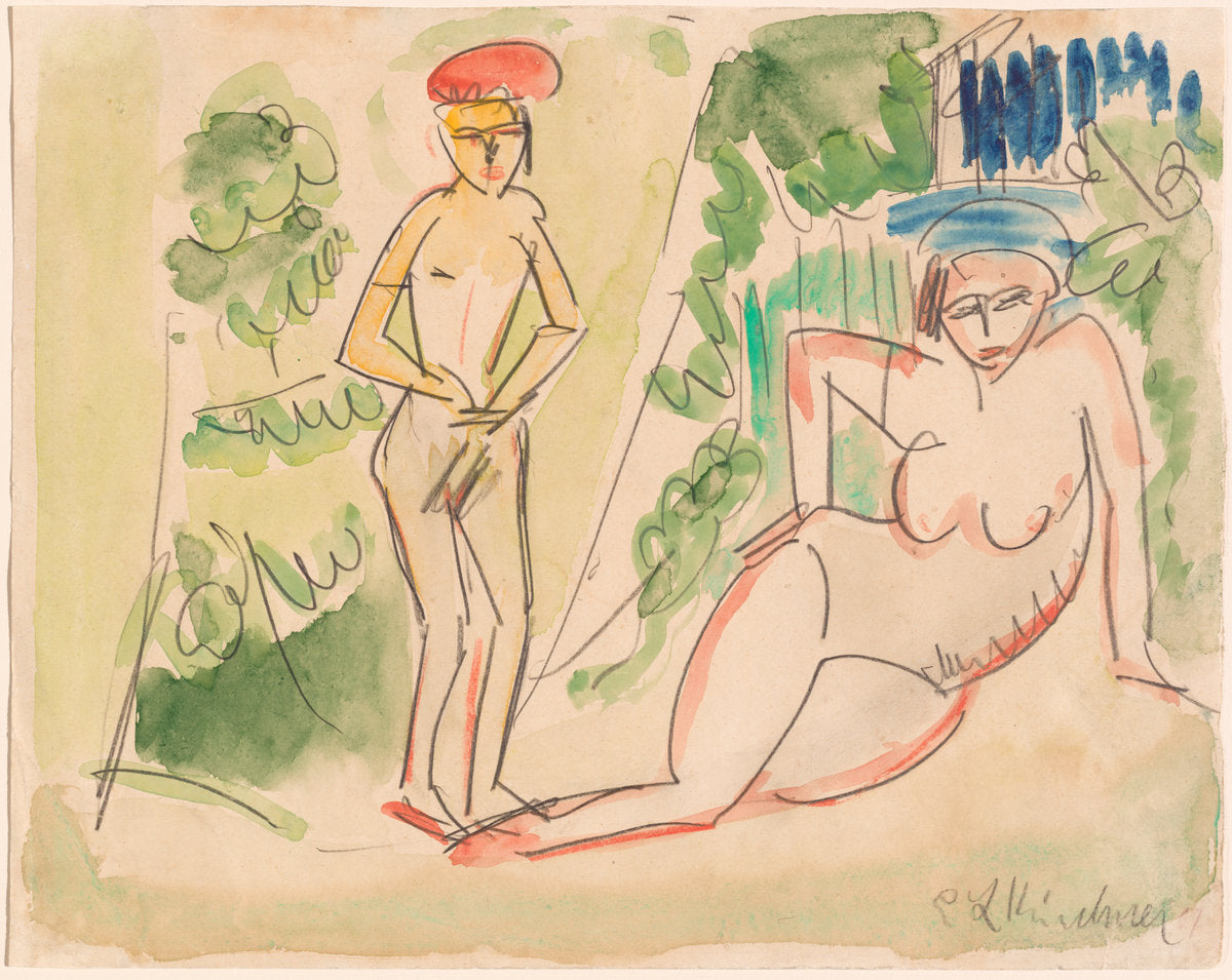 Two Bathers near the Woods by Ernst Ludwig Kirchner (German, 1880 - 1938), 16X12"(A3)Poster Print