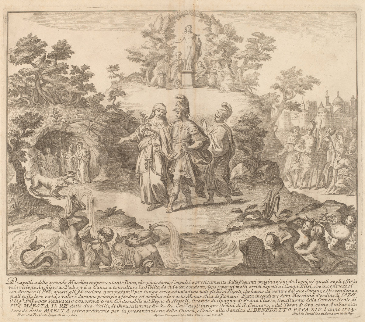 Aeneas and the Cumean Sybil, for the "Chinea" Festival by Miguel de Sorellò after Francisco Preciado de la Vega (designer) (Spanish, c. 1700 - c. 1765), 16X12"(A3)Poster Print