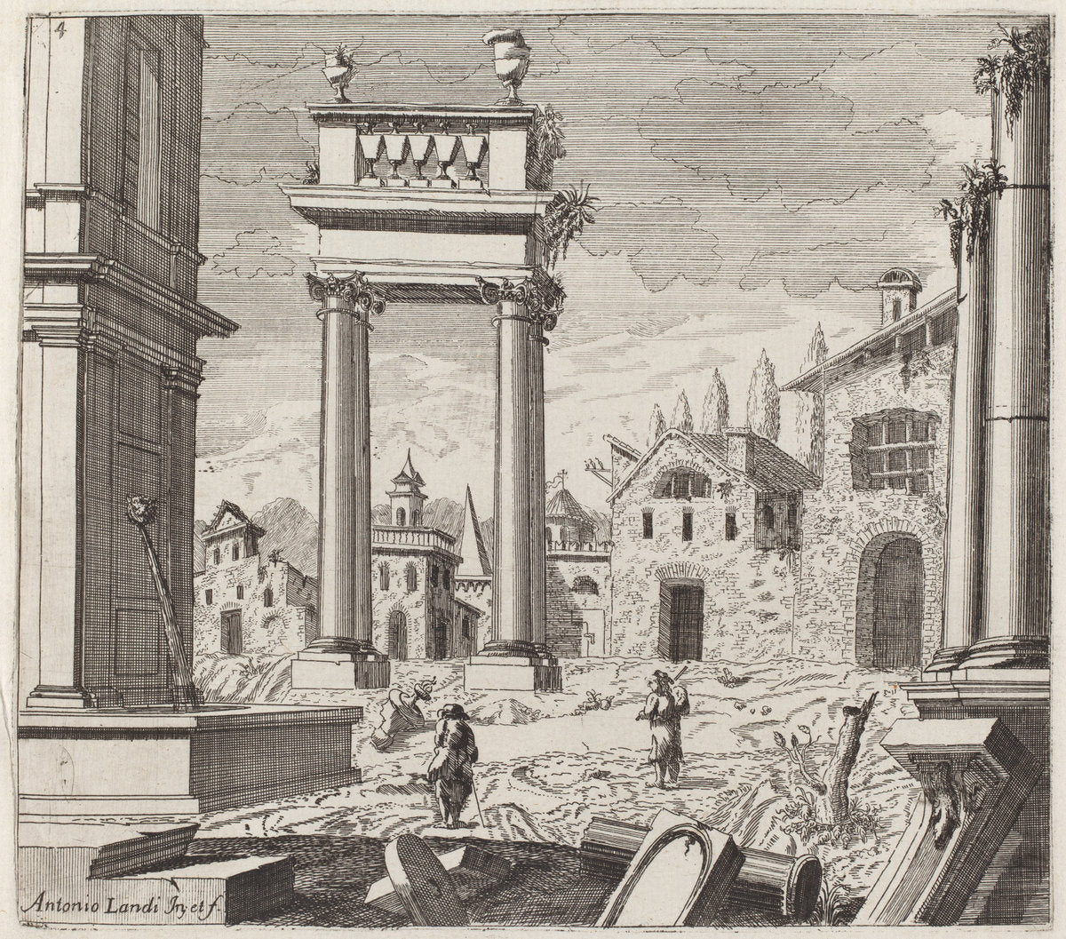 Architectural Fantasy with Classical Ruins and Vernacular Buildings by Giuseppe Antonio Landi (Italian, 1713 - 1791), 16X12"(A3)Poster Print