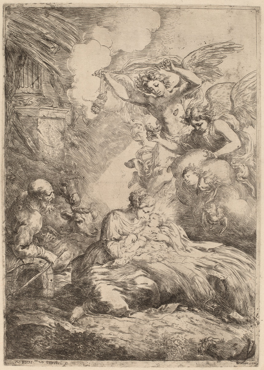 The Holy Family Adored by Angels (The Large Nativity) by Bartolomeo Biscaino (Italian, 1632 - 1657), 16X12"(A3)Poster Print