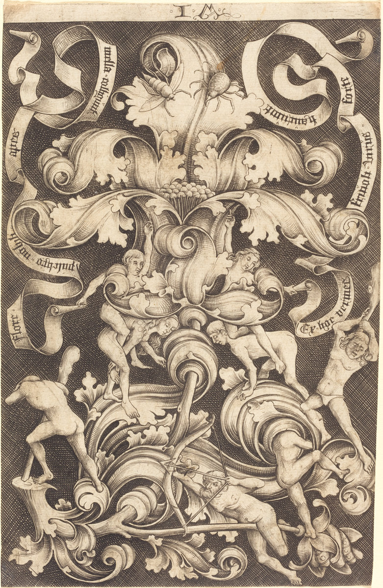 Ornament with Flower and Eight Wild Folk by Israhel van Meckenem (German, c. 1445 - 1503), 16X12"(A3)Poster Print