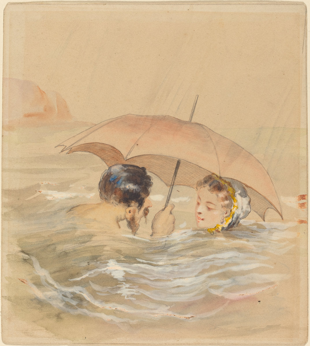 Male and Female Bathers with Umbrella by Alfred Grévin (French, 1827 - 1892), 16X12"(A3)Poster Print