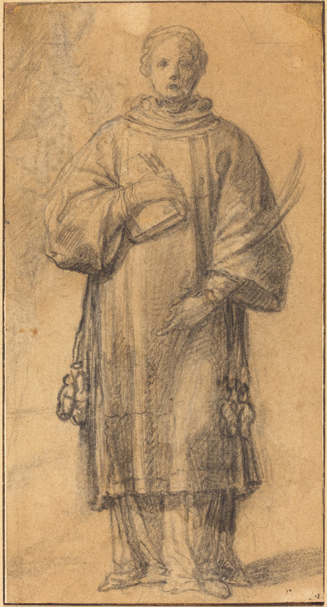 black chalk, heightened with white chalk on tan laid paper by Spanish 17th Century (A Standing Saint Holding a Book and a Palm Frond), 16X12"(A3)Poster Print