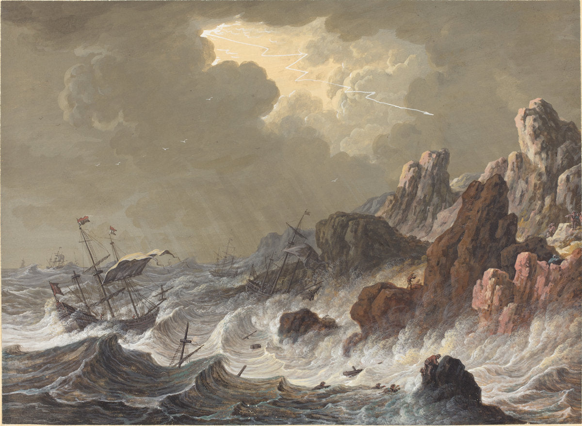 Storm-Tossed Ships Wrecked on a Rocky Coast by Johann Christoph Dietzsch (German, 1710 - 1769), 16X12"(A3)Poster Print