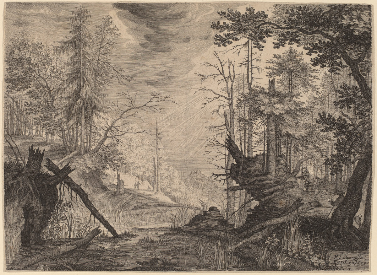 Three Hunters and Two Dogs near a Pool by Aegidius Sadeler II after Roelandt Savery (Flemish, c. 1570 - 1629), 16X12"(A3)Poster Print