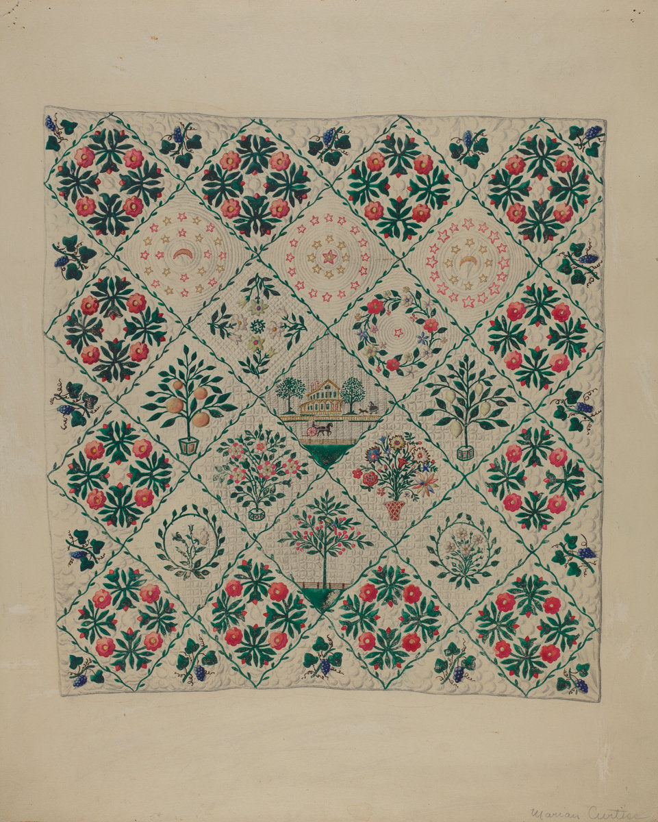Embroidered Applique Quilt by Marion Curtiss (American, active c. 1935), 16X12"(A3)Poster Print