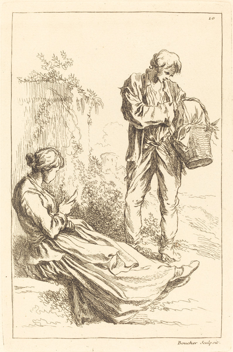 Seated Woman with Peasant Boy Holding a Basket by François Boucher after Abraham Bloemaert (French, 1703 - 1770), 16X12"(A3)Poster Print