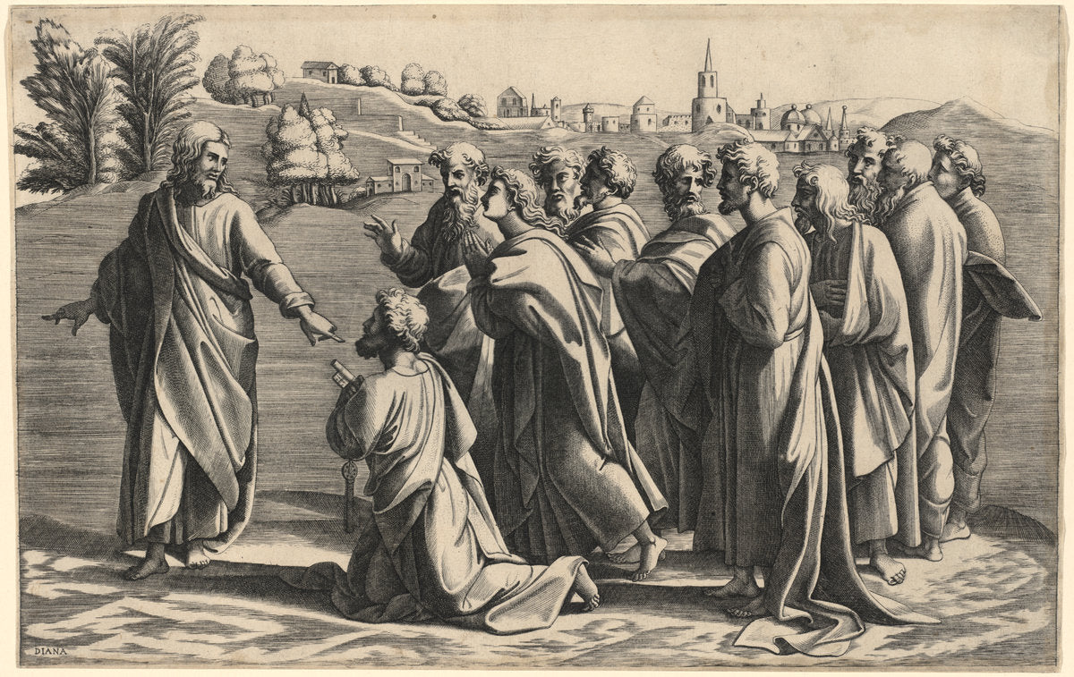 Christ Making Saint Peter Head of the Church by Diana Scultori after Raphael (Italian, c. 1535 - probably 1588), 16X12"(A3)Poster Print