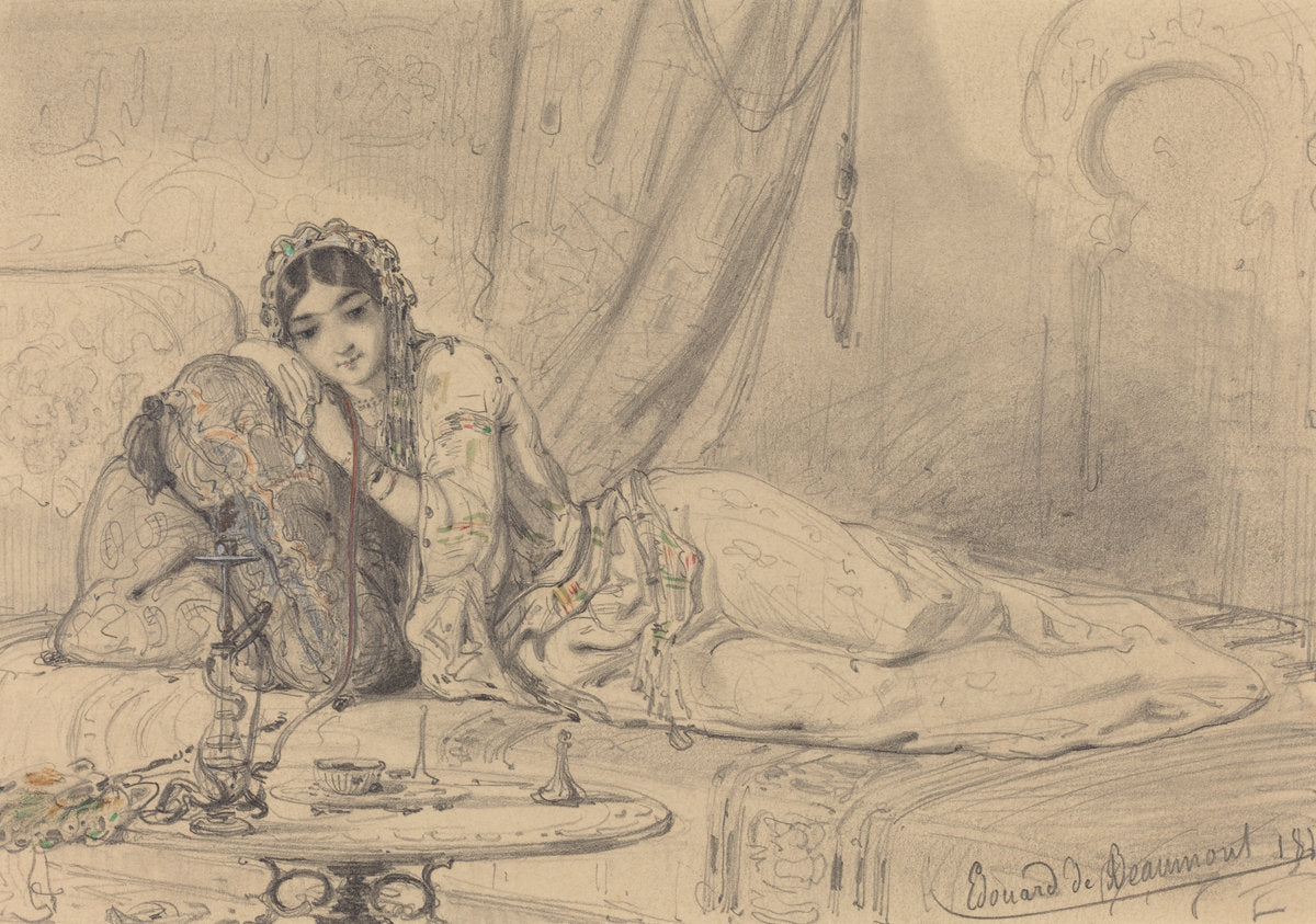 A Middle Eastern Woman Reclining in an Exotic Setting by Edouard de Beaumont (French, 1821 - 1888), 16X12"(A3)Poster Print