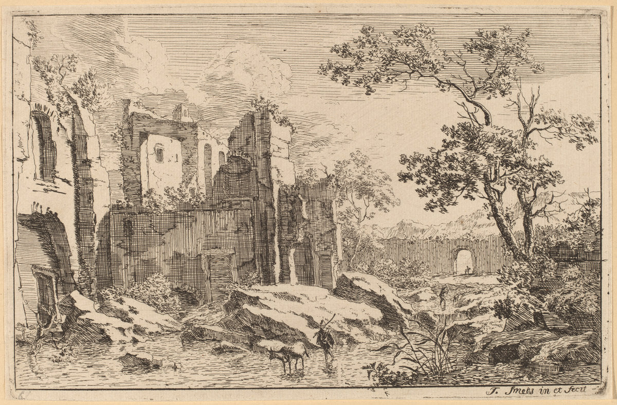Man and Ox in a River by Jan Smees (Dutch, active 1705 - 1729), 16X12"(A3)Poster Print