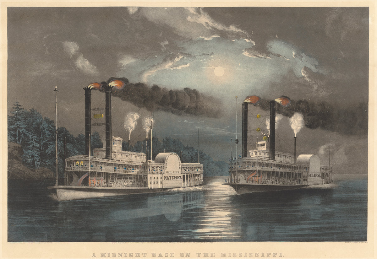 A Midnight Race on the Mississippi by Frances Flora Bond Palmer (American, born England, 1812 - 1876), 16X12"(A3)Poster Print
