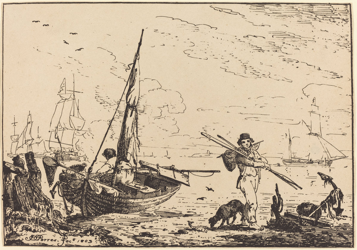 Marine: Fishing Boats on Shore, Man with Oars, Ship in Distance by John Thomas Serres (British, 1759 - 1825), 16X12"(A3)Poster Print