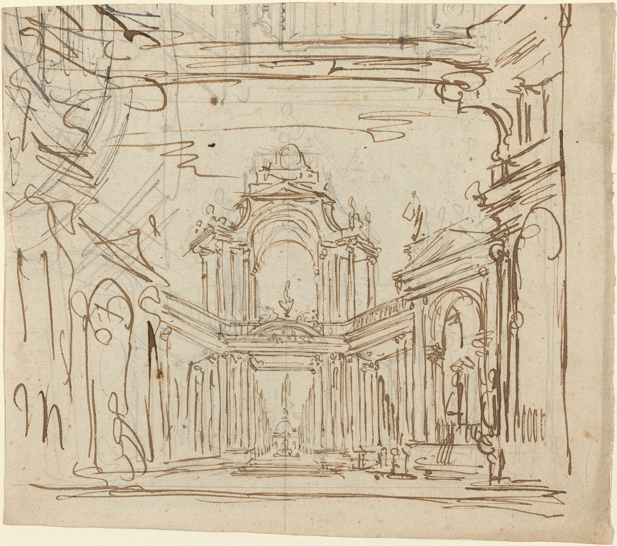 pen and brown ink over graphite on laid paper by Italian 18th Century (Stage Design), 16X12"(A3)Poster Print