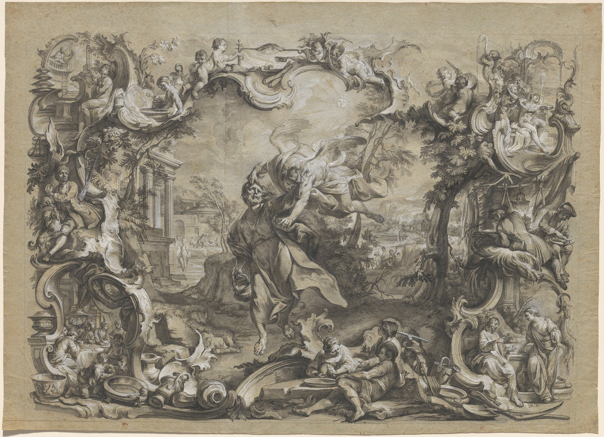 The Angel Carrying off Habakkuk by His Hair, Surrounded by an Elaborate Rococo Frame by Johann Wolfgang Baumgartner (German, 1709 - 1761), 16X12"(A3)Poster Print