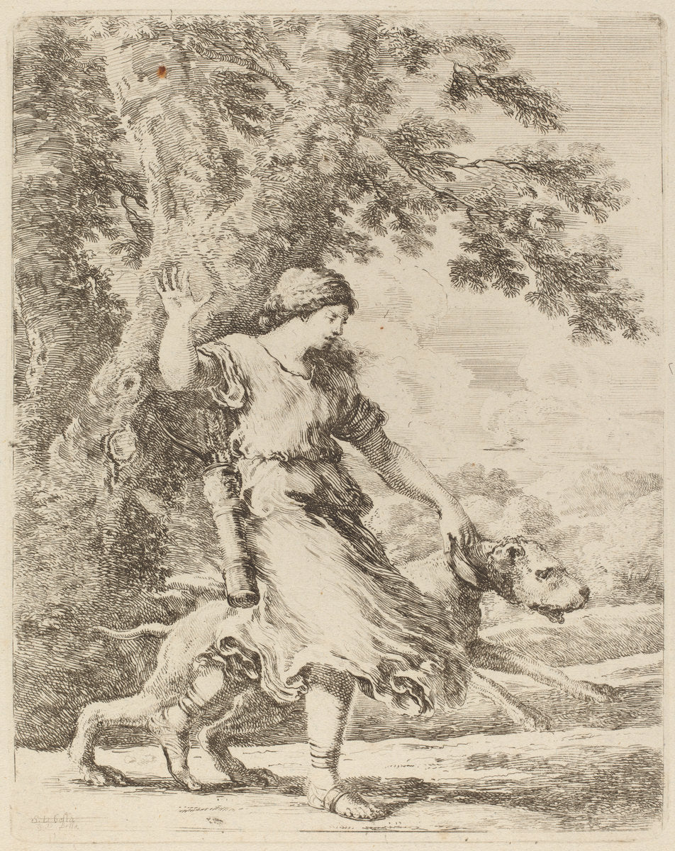 Nymph Holding a Large Dog by a Collar by Stefano Della Bella (Italian, 1610 - 1664), 16X12"(A3)Poster Print