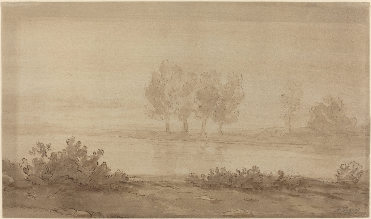 Landscape - Four Trees beyond a River by Alphonse Legros (French, 1837 - 1911), 16X12"(A3)Poster Print
