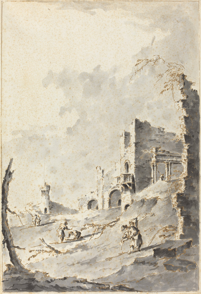 Capriccio of Classical Ruins with a Fortress by Giacomo Guardi (Venetian, 1764 - 1835), 16X12"(A3)Poster Print