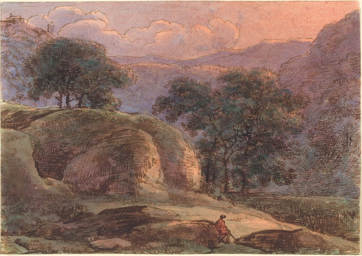 Traveler in a Mountainous Landscape at Sunset by Franz Innocenz Josef Kobell (German, 1749 - 1822), 16X12"(A3)Poster Print