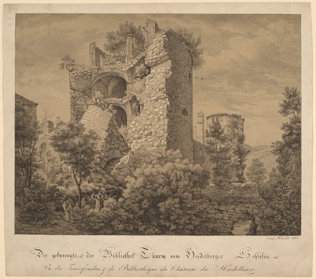 Der Gesprengte und der Bibliotheke Thurm von Heidelberger Schloß (The Exploded Tower and the Library of Heidelberg Castle) by Ernst Fries (German, 1801 - 1833), 16X12"(A3)Poster Print