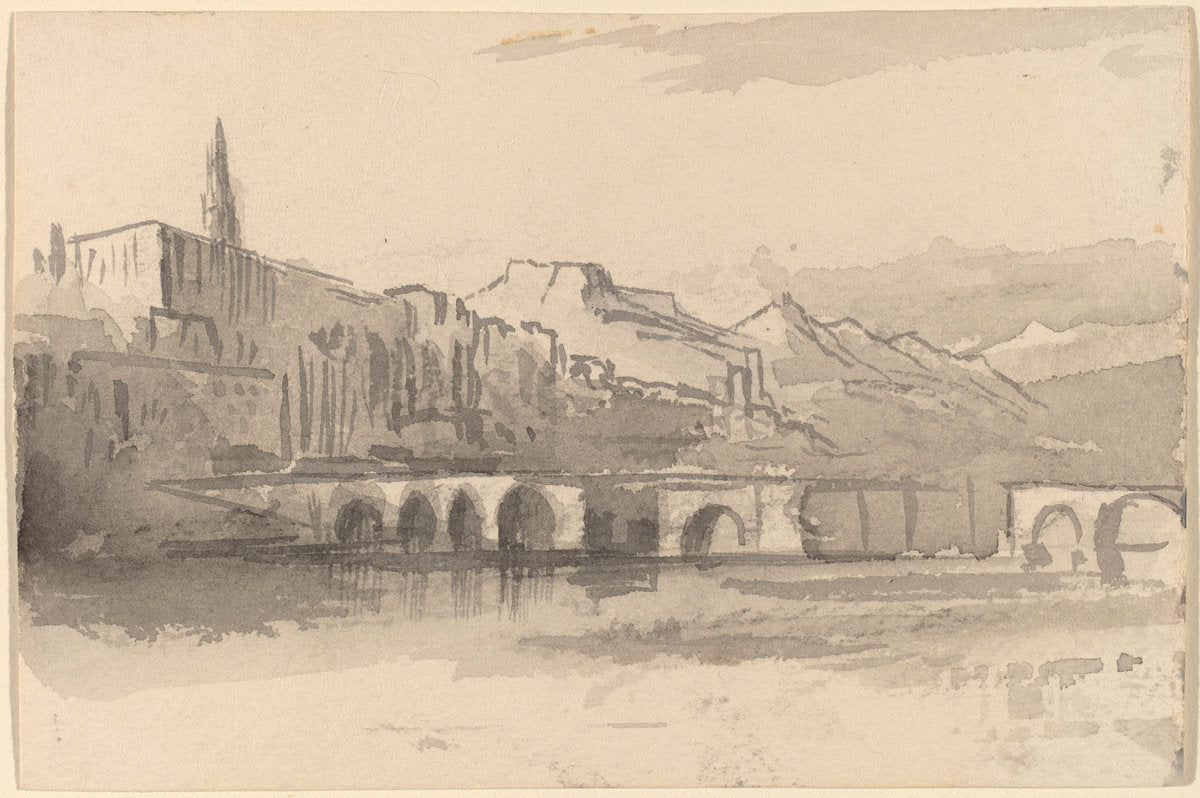 Bridge with Mountains in the Distance (Ventimiglia) by Edward Lear (British, 1812 - 1888), 16X12"(A3)Poster Print