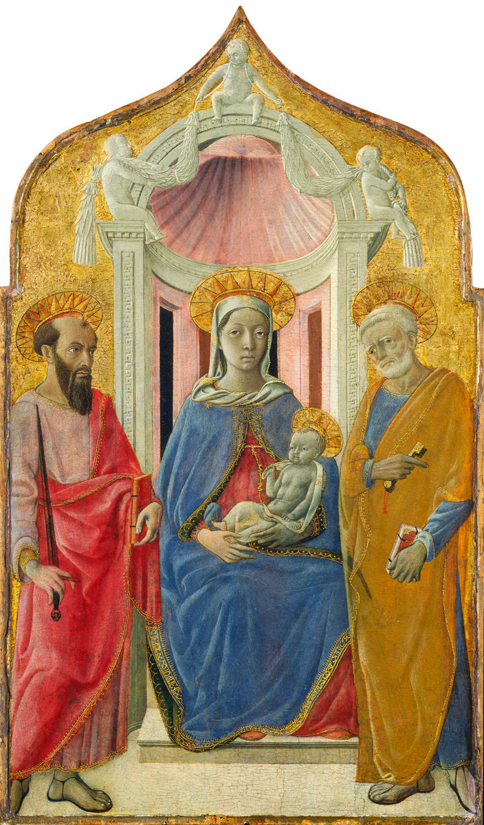 Madonna and Child Enthroned with Saint Peter and Saint Paul by Domenico di Bartolo (Italian, c. 1400 - 1447), 16X12"(A3)Poster Print