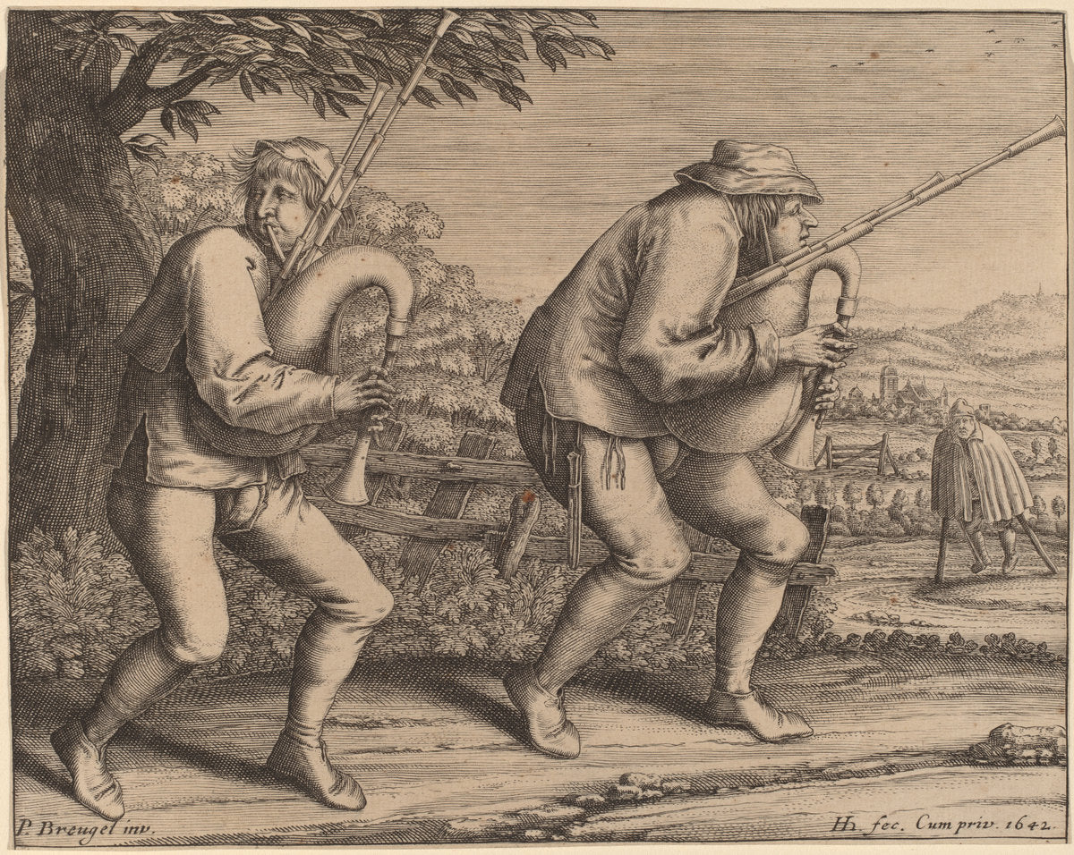 Two Bagpipe Players by Hendrik Hondius I after Pieter Bruegel the Elder (Dutch, 1573 - 1649 or after), 16X12"(A3)Poster Print