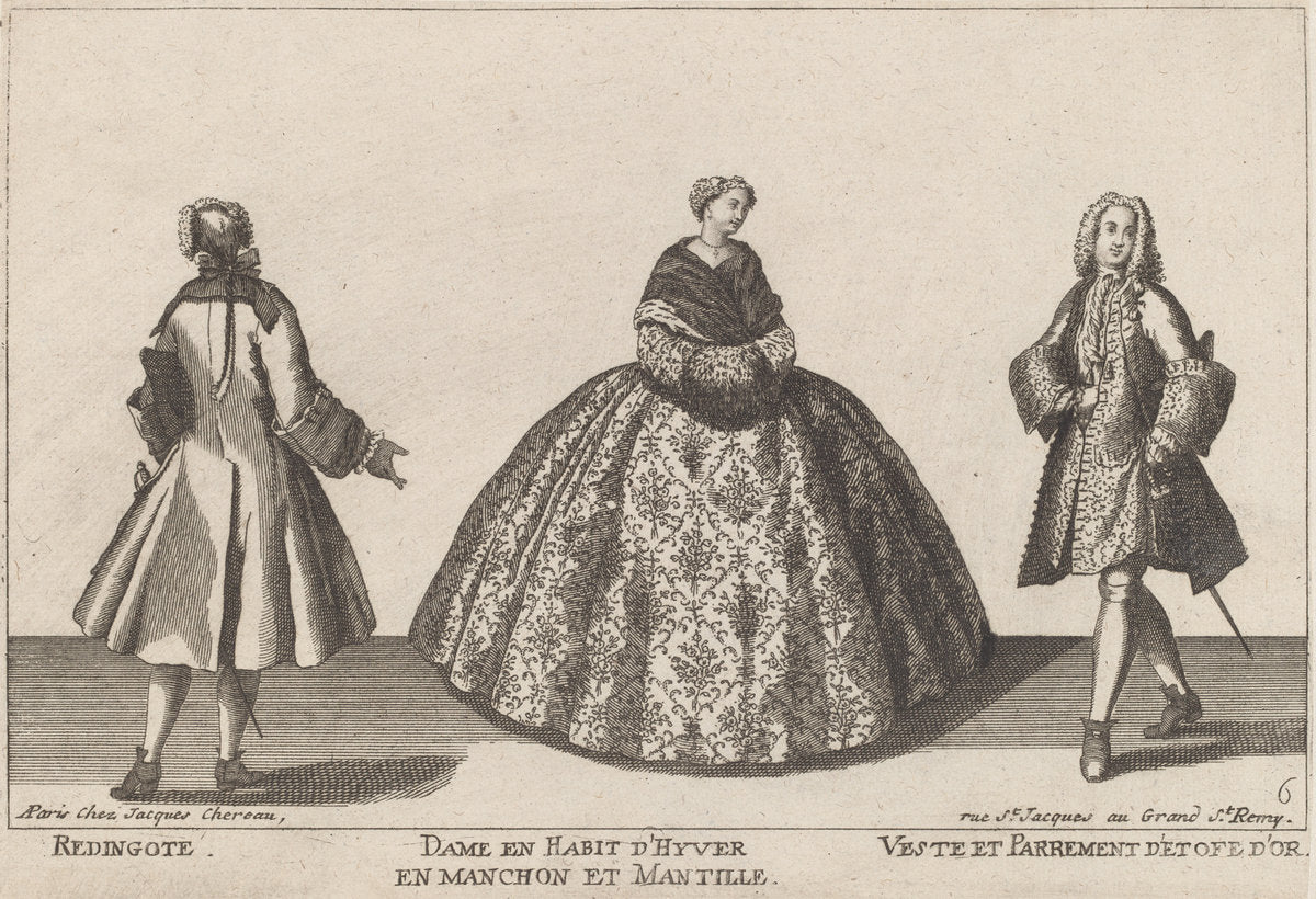 Redingote/Dame en Habit d'Hyver en Manchon/Veste et Parrement d'Etofe d'Or by published by Jacques Chéreau (French, 1688 - 1776), 16X12"(A3)Poster Print