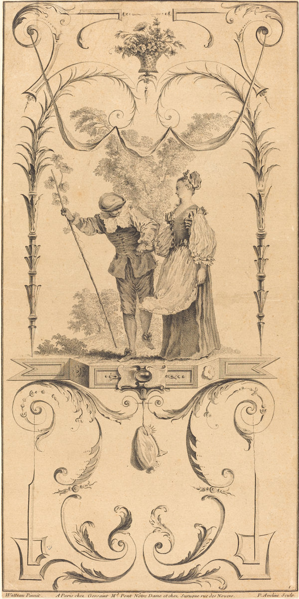 Shepherd and Shepherdess (?) by Pierre-Alexandre Aveline after Antoine Watteau (French, probably 1702 - 1760), 16X12"(A3)Poster Print