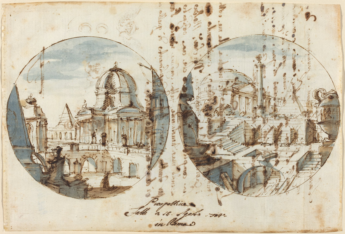 Architectural Fantasies with Temples and Pyramids by Filippo Juvarra (Sicilian, 1678 - 1736), 16X12"(A3)Poster Print