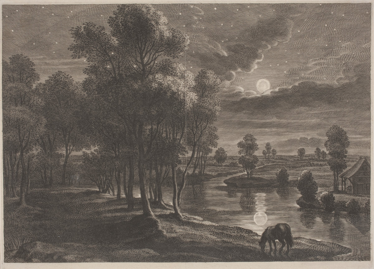 Moonlit River Landscape by Schelte Adams Bolswert, after Sir Peter Paul Rubens (Flemish, 1586 - 1659), 16X12"(A3)Poster Print