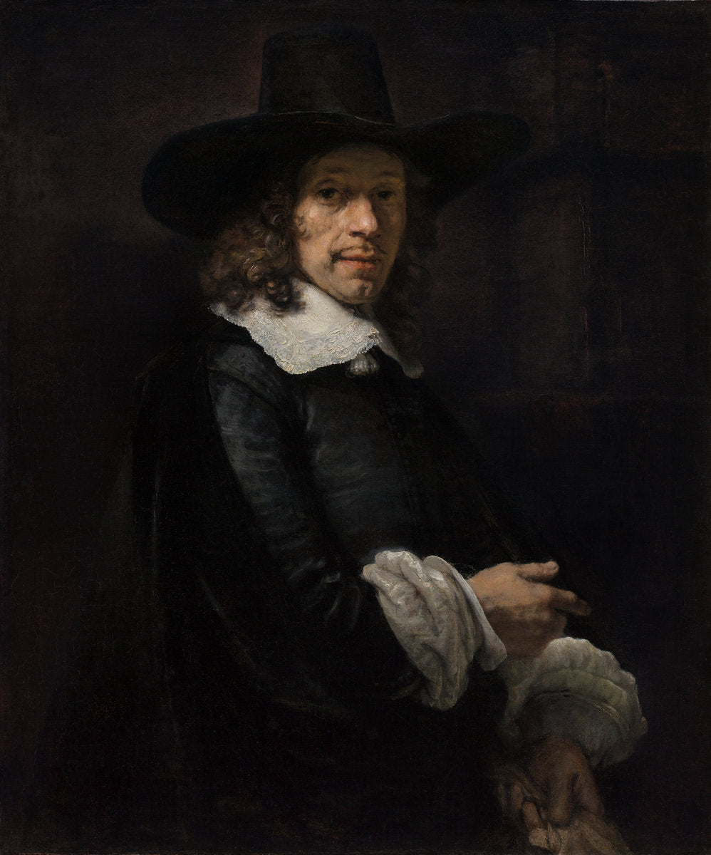 Portrait of a Gentleman with a Tall Hat and Gloves by Rembrandt van Rijn (Dutch, 1606 - 1669), 16X12"(A3)Poster Print