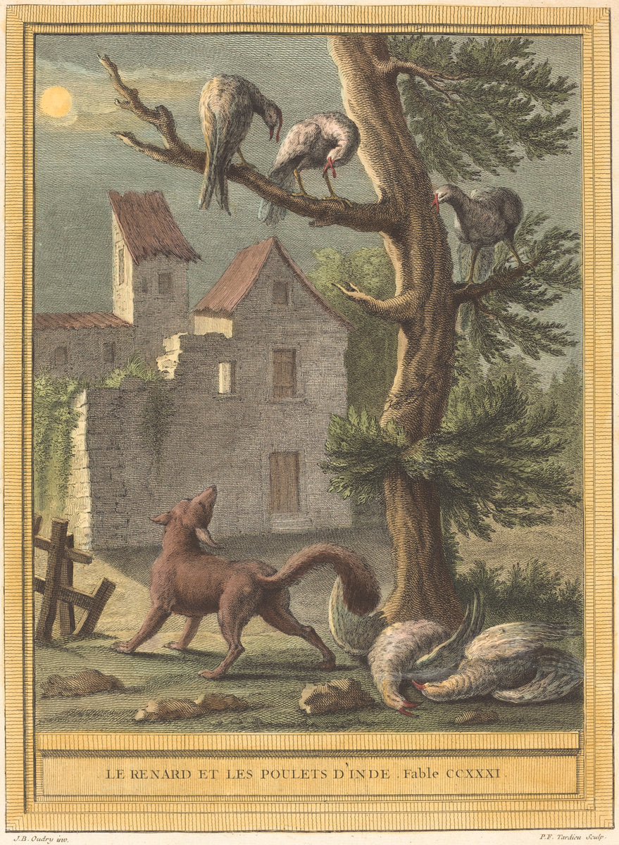Le renard et les poulets d'Inde (The Fox and the Hens from India) by Pierre François Tardieu after Jean-Baptiste Oudry (French, 1711 - 1771), 16X12"(A3)Poster Print