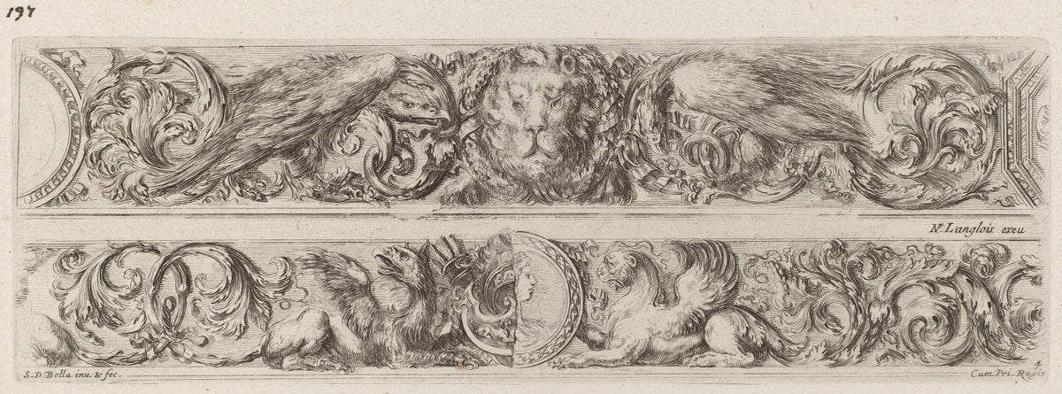 Two Ornamental Bands with Head of a Lion and Woman by Stefano Della Bella (Italian, 1610 - 1664), 16X12"(A3)Poster Print