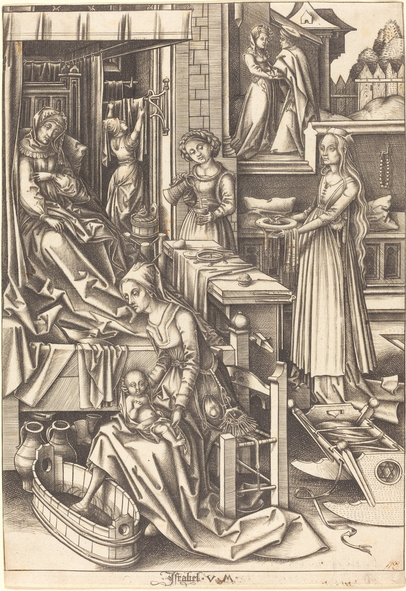 The Birth of the Virgin by Israhel van Meckenem after Hans Holbein the Elder (German, c. 1445 - 1503), 16X12"(A3)Poster Print