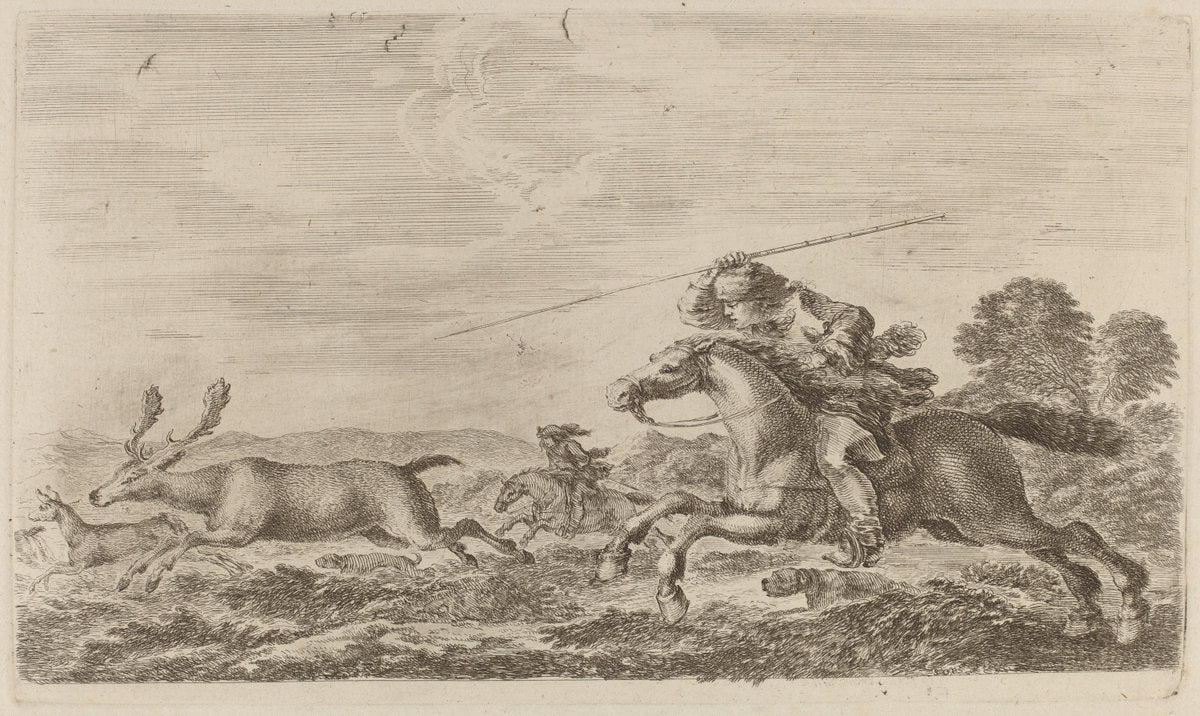 Deer Chased by Two Cavaliers by Stefano Della Bella (Italian, 1610 - 1664), 16X12"(A3)Poster Print