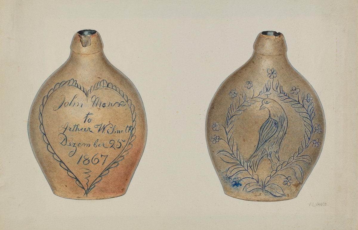 Pa. German Stoneware Flask by V.L. Vance (American, active c. 1935), 16X12"(A3)Poster Print