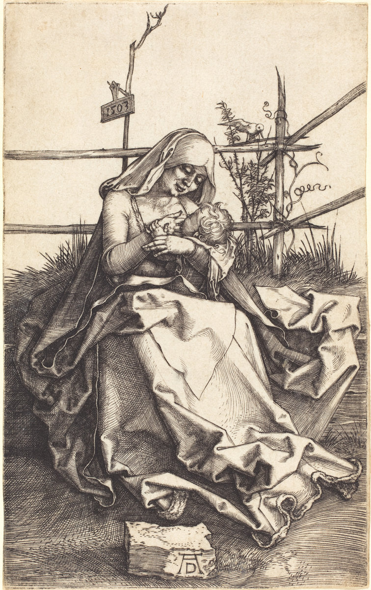 The Virgin and Child on a Grassy Bench by Albrecht Dürer (German, 1471 - 1528), 16X12"(A3)Poster Print