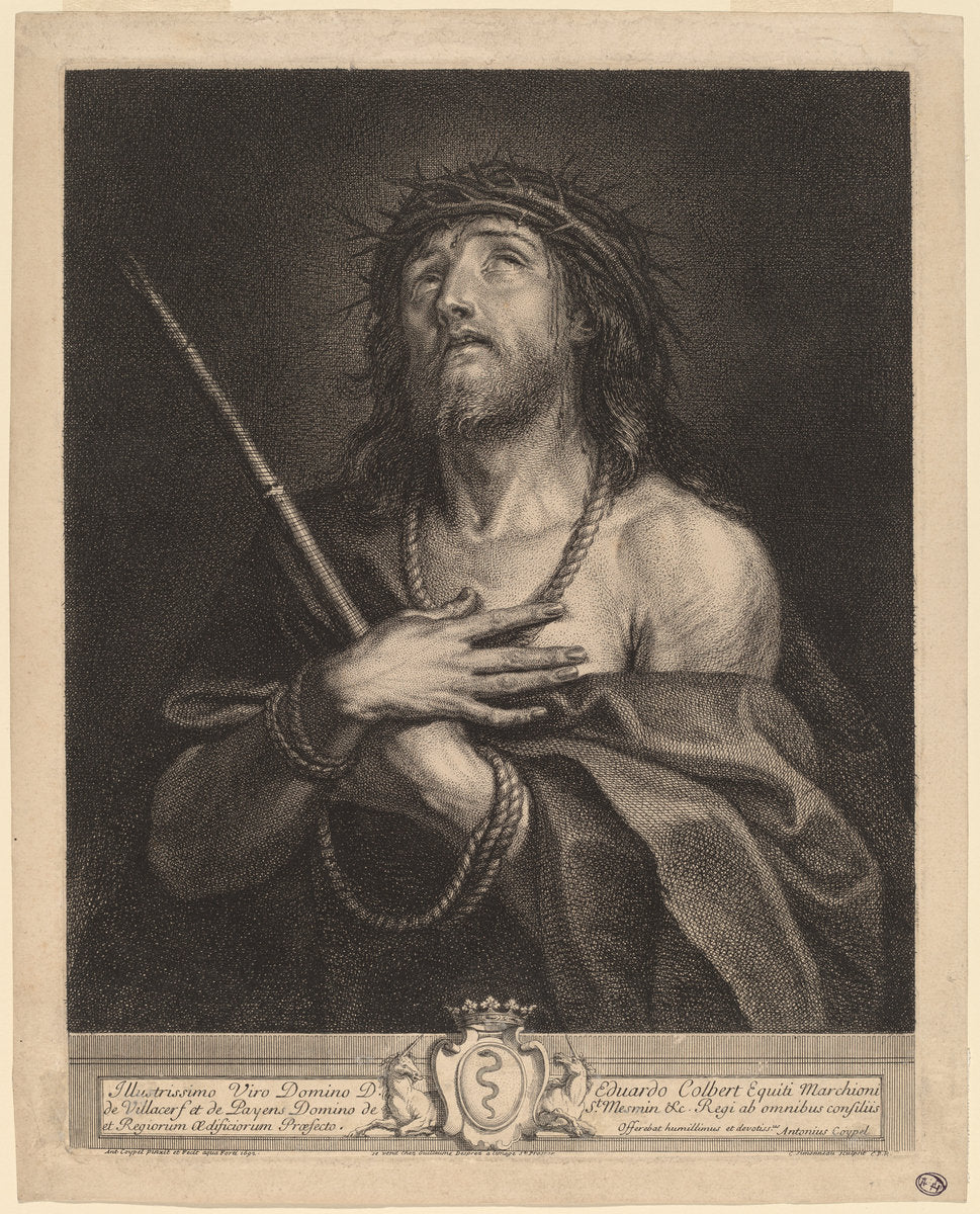 Christ as Man of Sorrows by Antoine Coypel, finished in engraving by Charles Simonneau (French, 1661 - 1722), 16X12"(A3)Poster Print