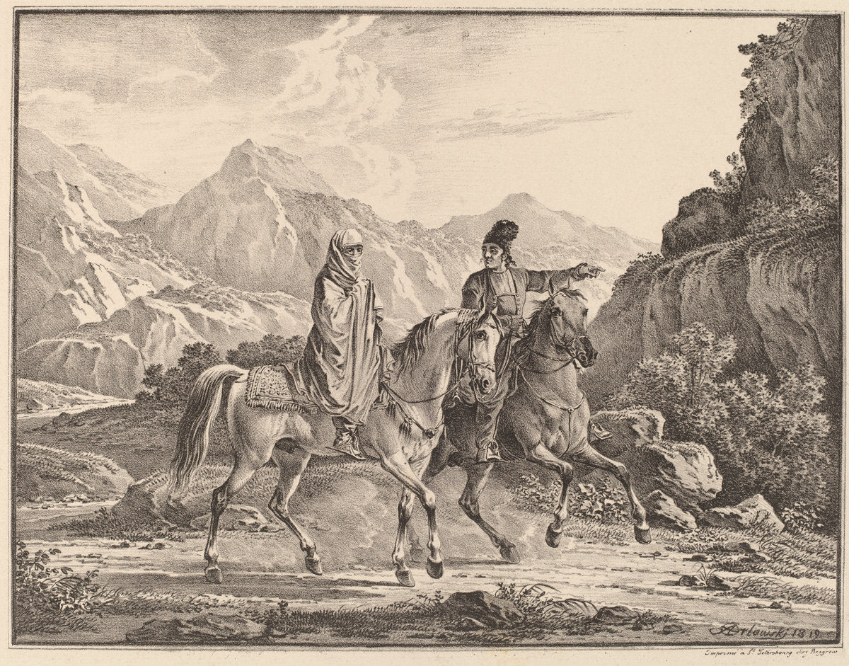 Man and Veiled Woman on Horseback by Aleksandr Osipovich Orlovskii (Russian, 1777 - 1832), 16X12"(A3)Poster Print