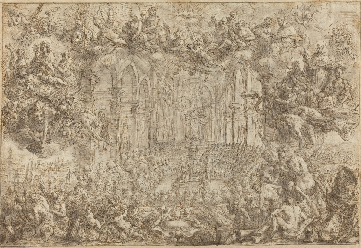 The Council of Trent with Saint Thomas Vanquishing the Heretics by Biagio Falcieri (Veronese, 1628 - 1703), 16X12"(A3)Poster Print