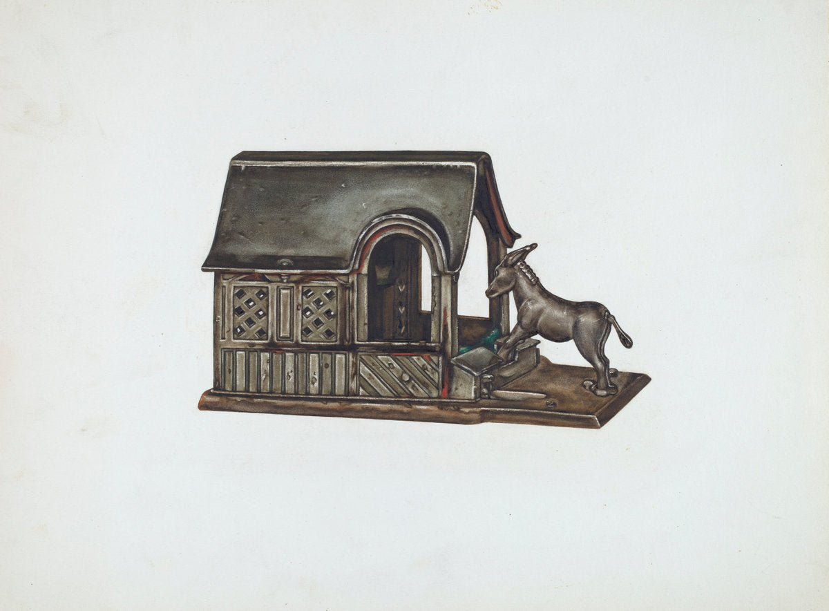 Toy Bank: Donkey and House by Jennie Kamar (American, active c. 1935), 16X12"(A3)Poster Print